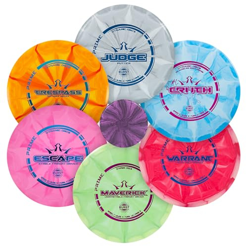 D·D DYNAMIC DISCS Kit de Iniciación Al Golf con 6 Discos Dynamic Discs Prime Burst para Hombres y Mujeres, Putter, Rango Medio, Driver, Minidisco Adicional, Rangos de Peso 170-176, Juego de Frisbee pa