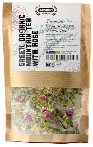 APSOGO Organic Mountain Tea with Rose - Herbal Infused Tea - Premium Quality & Excellent Taste - Produced in Greece - 50g