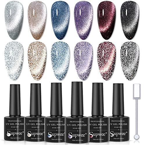Supwee Reflektierender Cat Eye Nagellack 6 Farben Reflective Glitter Magnetischer Gel-Nagellack Maniküre Soak Off UV Gel