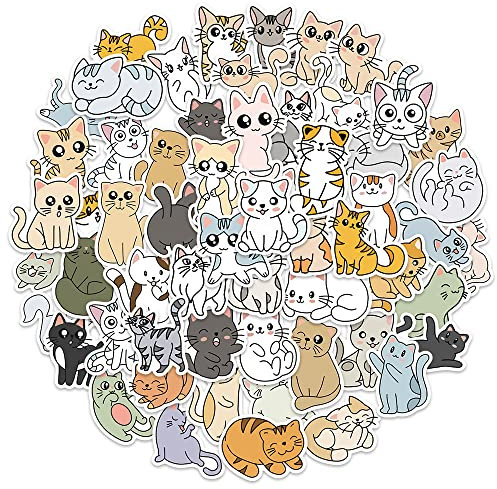 Dishaur 50PCS Cute Cat Stickers for Kids, Vinyl Waterproof Cartoon Animal Stickers Sheets for Water Bottle Laptop Phone Scrapbooking Skateboard