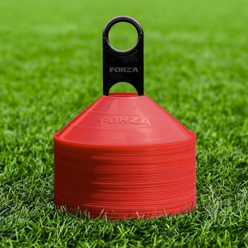 FORZA Trainingsmarkierungshütchen | 10 leuchtende Farboptionen – Premium-Trainingsausrüstung mit Ständer, Für Fußball-, Rugby- und Fitnessübungen [50er- oder 1000er-Pack] (50, Rot)