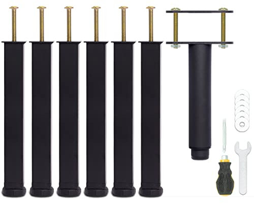 Pied de Lit 25 cm à Visser, Pied Sommier à Lattes Universel, Reglable en Hauteur, Metal, Carré + Rond, Boulons M8, pour le Cadre Métallique d’un Sommier Adulte, Noir, Lot de 7 (6 Latéraux + 1 Central)