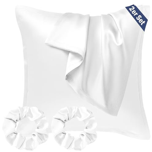 Seiwohl Satin Kissenbezug 80x80 2er Set, Weich wie Seidenkissenbezug Silk Pillowcase, Vegane Seide Kopfkissenbezug Kissenhülle Seidenkopfkissen für Haar und Haut mit Haargummis, Weiß