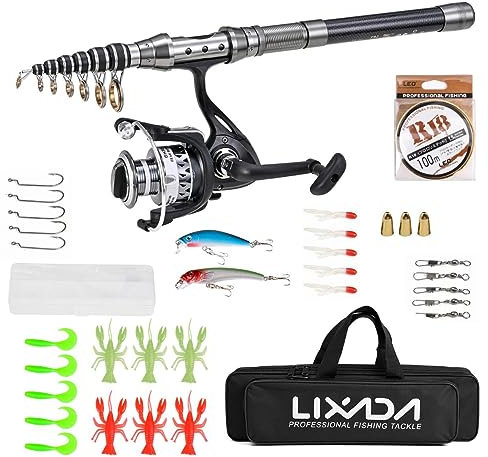 Lixada Teleskop-Angelrute und Spinnrolle, Kombi-Set, Kohlefaser, Teleskop-Angelrute, Angelschnur, Angelköder-Set, Zubehör und Angeltasche für Salzwasser, Süßwasser (Stil 3, 2,4 m)