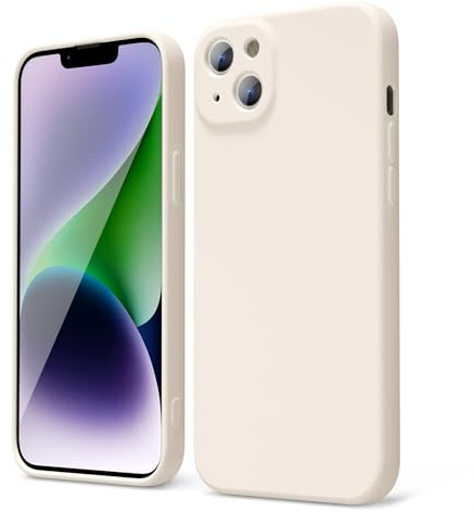 oakxco for iPhone 14 Plus Phone Case Liquid Silicone, Cute Thin Slim Soft Rubber TPU Plain Smooth Gel Cover for Women Girl Aesthetic Design, Matte Solid Protective & Shockproof Bumper, Beige Stone