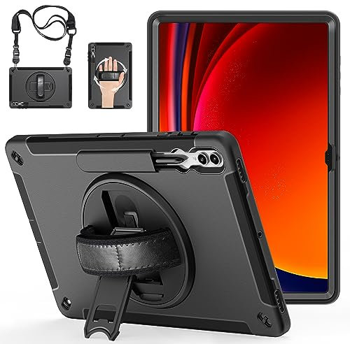 Hülle für Samsung Galaxy Tab S10/S9 Ultra: Militärische 3-Schichte Stoßfeste Hülle für Galaxy Tab S10/S9/S8 Ultra 14.6 Zoll mit S Pen Stifthalter -Drehbarer Ständer-Handschlaufe-Schultergurt-Schwarz