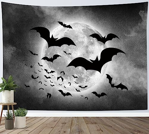 LB Wandteppich Halloween Wandtuch Gruselige schwarze Fledermaus die am grauen Himmel fliegt Wandbehang Horror Mondnacht Tapisserie für Wohnzimmer Schlafzimmer Wohnheim Wanddeko,200x150cm
