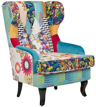 Beliani Sessel Patchwork bunt blau Ohrensessel mit schwarzen Holzbeinen Retro-Stil Molde