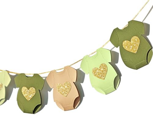 Grün-braune Babyparty-Girlande, kurzärmelig, Bodysuits, Wäscheleine, Girlande, Geschlecht, Enthüllung, Geburtstagsbanner, Baby-Outfit, Papierdekorationen, 9 Stück