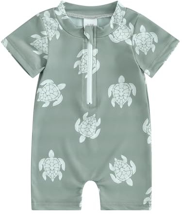 Geagodelia Maillot de Bain Enfant Bébé Garçon Anti-UV Imprimé Tortue à Manches Courtes Fermeture Eclair Costume de Bain Natation Piscine (Vert, 3-6 Months)