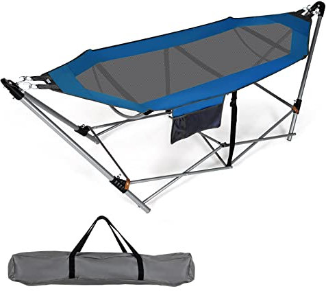 COSTWAY Klappbare Hängematte mit Gestell und Seitentasche, Hängemattengestell bis 150 kg belastbar, tragbar, inklusive Tragetasche, für Indoor & Outdoor (Blau)