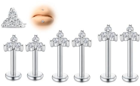 AVYRING 6 Stück Gewindelose Chirurgenstahl Medusa Flachrückige Ohrringe, 16G 6/8/10mm Silber Tragus Knorpel Helix Lippenpiercing Labret Stecker mit Kleeblatt CZ für Frauen Männer Forward Helix Schmuck