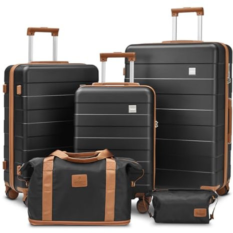 imiomo Kofferset 5tlg Hartschale mit 4 Rollen und TSA-Schloss Der Gepäcksets Enthält 1 Reisetasche und 1 Tragbare Tasche (Schwarz, 5PCS)