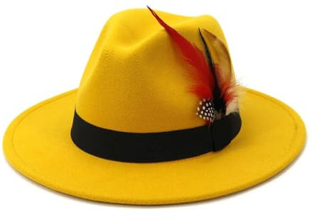 FULUJIDI Fedora Trilby Filzhut Hut Panama Jazz Fedora Hut Mit Breiter Krempe Feder Gürtel Kirche Top Caps 59 To60 cm Gelb