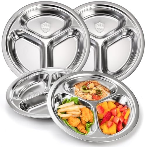 Hacaroa Set of 4 Stainless Steel Round Divided Plates, 20 cm Kids Dinner Plates 3 Sections Metal Food Tray, Unbreakable Snack Serving Platter for Toddlers, Picky Eaters