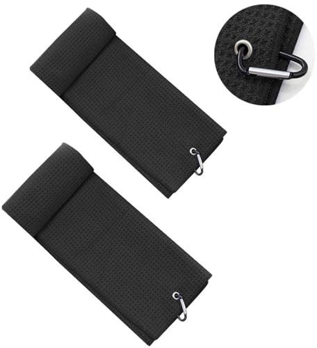 JNGTKL 2PCS Golf Towels 30 * 30cm, Golf Towel with Heavy-Duty Clip Waffle Pattern, Absorbent Golf Towel, Can Quickly Remove Dirt Sweat Golf Club Towel, Used for Cleaning Golf Balls (Black) 