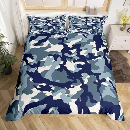 Loussiesd Camouflage Bettbezug Set Kinder Blau Camo Bettwäsche Set 135x200cm für Jungen Grau Weiß Army Camouflage Atmungsaktiv Modern Bettbezug mit 1 Kissenbezug 80x80cm