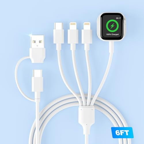 4 in 2 Watch and iPhone Charger Cable for iWatch/iPhone/Airpods/iPad/Samsung/Android - 6FT/1.8M Smart Watch Charging Cable for iWatch 9/8/7/6/SE/5/4/Ultra