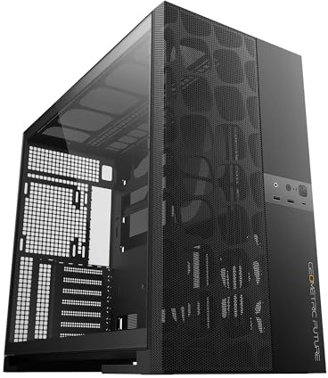 Geometric Future M5 Vent Mesh Front Panel Tempered Glass Mid Tower, E-ATX/ATX Gaming Case, High Airflow, 1.2mm Steel, Type C, Support 420/360 Radiator, Dual-Chamber, Black, GEO-M5V-B