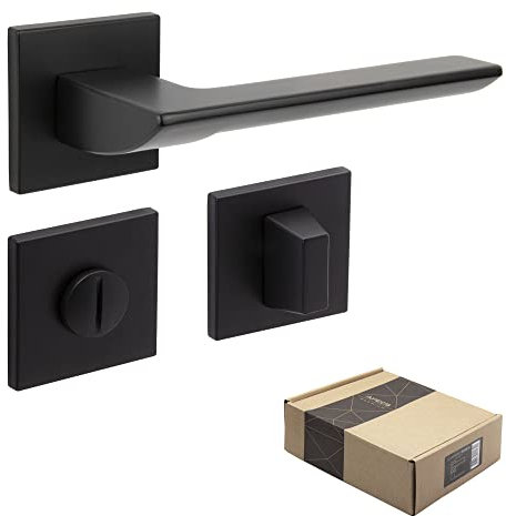 APECS Maniglia per porte interne, nera opaca, moderna, per porta di casa e porta interna, con rosette quadrate, con materiale di fissaggio, per porta, modello ELECTRA WC – bagno