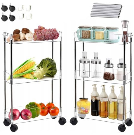 Hooha Rollwagen 3 Ebenen Aufbewahrungswagen mit Rollen Allzweckwagen für Küche/Bad/Wäsche/Büro/Schlafzimmer Kleine Nichenregal 68cm×30.5cm×9cm Schmale Plätze&Wagen Beistellwagen&Putzwagen Transparent