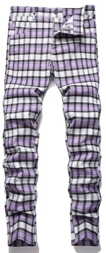 HENGAO Pantaloni chino da uomo a quadri dritti, T24- Viola, 46