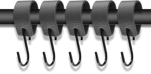 Confezione da 5 ganci a S multiuso in pelle, neri, perfetti per armadi, cucine, bagni e campeggio