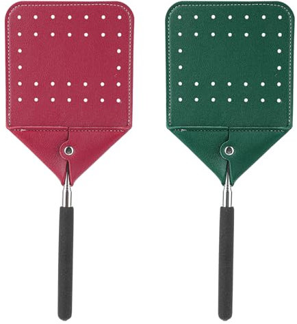 2uds Matamoscas Telescópicos Cuero, Matamoscas Telescópico Resistente con Mango Largo Matamoscas Extensibles para Matar Mosquitos y Moscas Interiores y Exteriores(Rojo, Verde Oscuro)