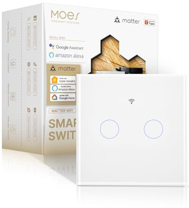 MOES Interruptor Táctil de Panel Inteligente, Matter sobre WiFi, Sincronización Bidireccional Premium, Cable Neutro Requerido, Compatible con Alexa/Apple Home/Google Home/SmartThings/Tuya, 2 Gang
