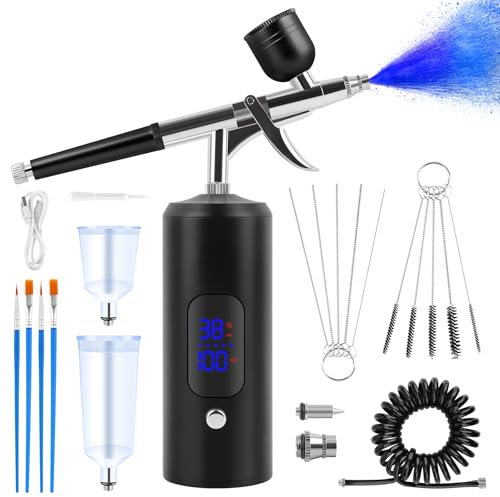 Kalolary 38PSI Airbrush Kit with Compressor, Rechargeable Cordless Airbrush Compressor High Pressure Airbrush Compressor for Barber, Nail Art, Cake Decor, Makeup, Model Painting (Black)