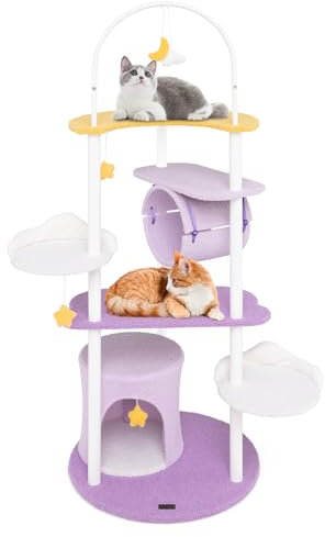 COSTWAY Kratzbaum, 158 cm, Katzenbaum mit Katzenhöhle, Tunnel, Hängespielzeug & großer mondförmiger Liegefläche, Katzenturm Metallrahmen, Katzenmöbel Katzen, Katzenkratzbaum Kletterbaum, Lila+Weiß