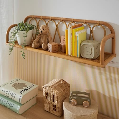 CuddleCo Aria Rattan Bookshelf, Large 80cm Wall Mounted | Handmade Display Organiser, Kid's Bedroom/Nursery Décor
