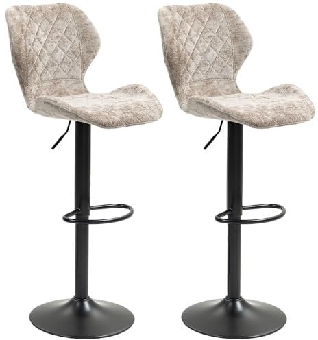 HOMCOM Barhocker 2er-Set, Drehbar Höhenverstellbar Barstuhl mit Chenille-Optik, Gepolstert Küchenstühle mit Rückenlehne und Fußstütze Tresenhocker für Küche, Stahl Braun