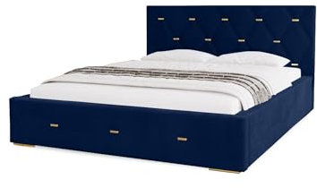 MARPUR Polsterbett Golden Premium 160x200 cm, Bett mit Kopfteil, Doppelbett mit Bettkasten und Lattenrost aus Holz, Velourstoff: Blau