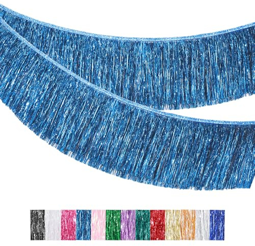 MORAINJAY Blau Lametta Fransen Girlande, 20x200cm Metallic Foil Fringe Garland Lametta Glitzer Vorhang für Parade Floats, Verlobung Hochzeit, Weihnachten, Geburtstagsparty, Halloween Partydekor