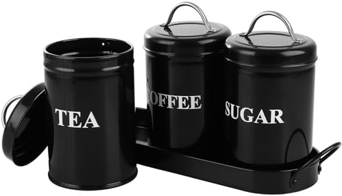 LOLYSIC 3Pcs Tea Coffee Sugar Canisters Set with Tray, Black Round Airtight Metal Storage Jars, 1000ml Kitchen Canister Tins Set for Tea, Coffee, Sugar, Flour, Dry Food Storage