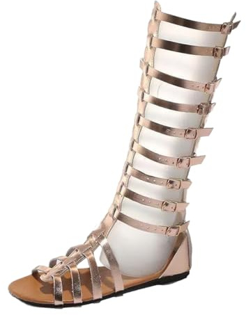 M&Catree Damen Knie Hoch Römische Gladiator Sandalen Nieten Riemchensandalen Reißverschluss Zehensandalen