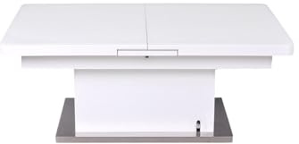 MAISON DES MEUBLES Table Basse relevable et Extensible Blanche – Table Gain de Place Convertible pour Salon – Usage Quotidien modulable – Plateau en Verre trempé – Design Moderne et Lumineux