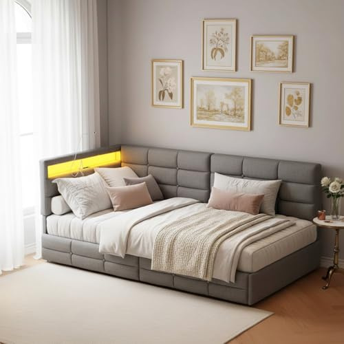FCSQIU Polsterbett Kinderbett Einzelbett 90 x 200 cm,Schlafsofa Kinderbett 90x200,Daybed Tagesbett,Bettgestell mit Lattenrost,Bett mit Stauraum Schubladen,Stauraumbett Bettgestell Bettkasten