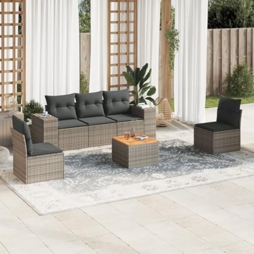 Tonture Ensemble de 6 canapés de jardin gris, poly rotin, table en bois d'acacia, espace de rangement, résistant aux UV, groupe de sièges d'extérieur modulaire pour terrasse et balcon