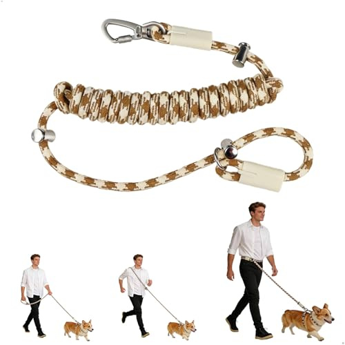 Laisse Lasso Chien, Laisse Multiposition Chien Réglable 1,3-2,3 m en Corde Parachute, Laisses Bandoulière Chiens avec Boucles en Alliage, Laisses Chiens Main Libre pour Promenade Dressage Beige
