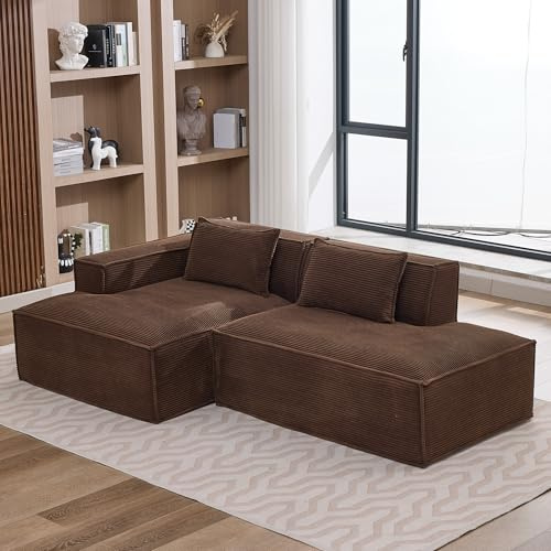 FammyLoft Modulares Boneless Couch mit Zwei Kissen, Sofa L Form, Schlafcouch, Vollkomprimiertes Ecksofa, Schlafsofa, Cloud Couch Ohne Montage, für Wohnzimmer/Schlafzimmer/Büro, 233cm, Braun