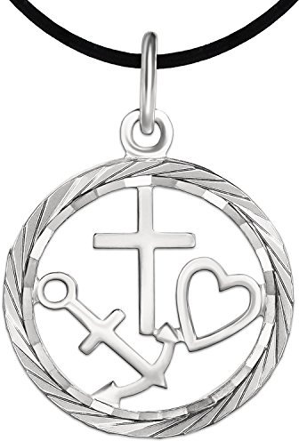 CLEVER SCHMUCK Silberner Damen Anhänger Glaube Liebe Hoffnung Ø 19 mm rund innen offen mit Rand glänzend diamantiert 925 Sterling Silber mit Lederband in Geschenkfaltbox