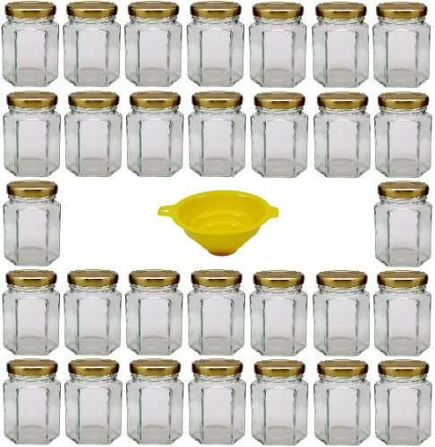 Viva Haushaltswaren G1060100/30T/X - Lote de 30 tarros de Mermelada pequeños (110 ml, Tapa Dorada, Embudo con sujeción Amarillo)