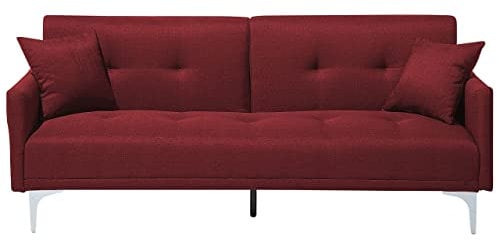 Beliani 3-Sitzer Schlafsofa Stoff rot gesteppt mit Metallbeinen Silber 2 Kissen Lucan