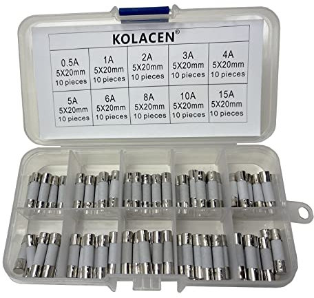 KOLACEN Quick Fast-Blow Keramik Tube Sicherung 5 x 20 mm Sortiert Kit 0,5 Amp 1 Amp 2 Amp 3 Amp 4 5 6 Amp 8 Amp 10 Amp 15 Amp (100 Stück)