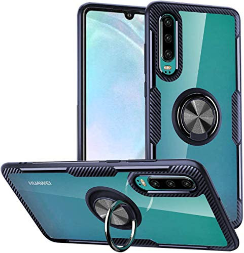 WATACHE Schutzhülle für Huawei P30, Rüstungsdesign, Glasfaser, Kristall, klar, mit Einer um 360 Grad drehbaren Halterung für Fingerringbuchse [magnetische KFZ-Halterung] Huawei P30, Blauer Rahmen