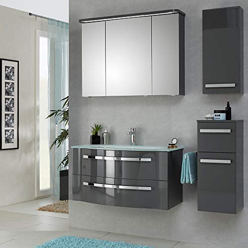 Lomadox Badezimmermöbel Set in Lack Quarzgrau, Waschtisch-Unterschrank mit Glaswaschbecken und LED-Spiegelschrank, montierte Möbel
