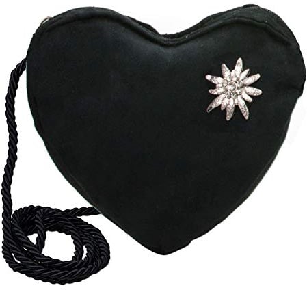 Heimatflüstern Trachtentasche Herztasche mit Strass-Edelweiss - Damen Dirndltasche mit Pin Anstecker, Handtasche zum Dirndl und Lederhose, Umhängetasche fürs Oktoberfest (schwarz)