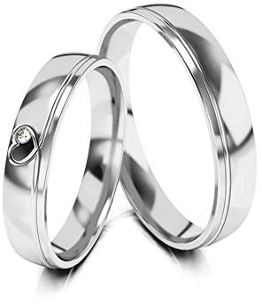 JC Trauringe Silber 925 Paarpreis Eheringe Silber I Edle Verlobungsringe breit 4,0 mm I Partnerringe mit Gravur in edler Schatulle I 2 Hochzeitsringe Herrenring ohne & Damenring mit Stein I PL326-S